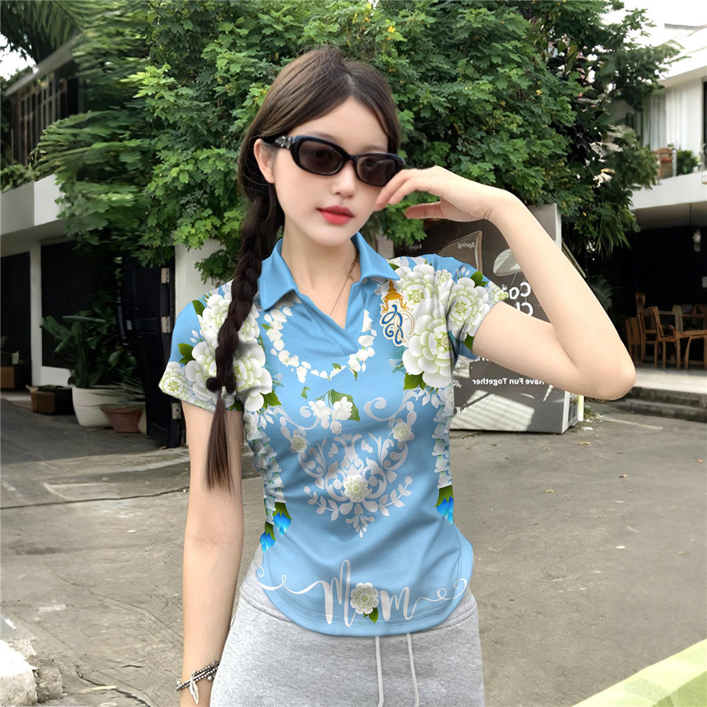 เสื้อโปโลสีฟ้าพิมพ์ลายดอกไม้สำหรับผู้หญิง ของขวัญวันแม่ที่สวยงามและสวมใส่ง่าย