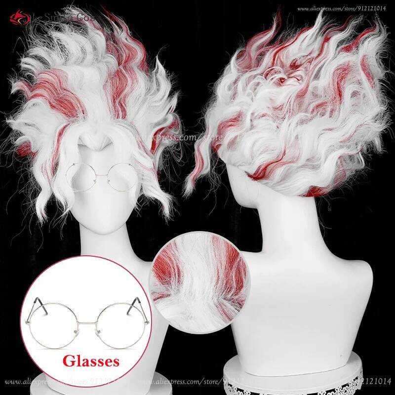 C New Okarun Occult Kun Cosplay Wig 42Cm Short Silver White Red Wig Cosplay Anime Wigs Heat Resista