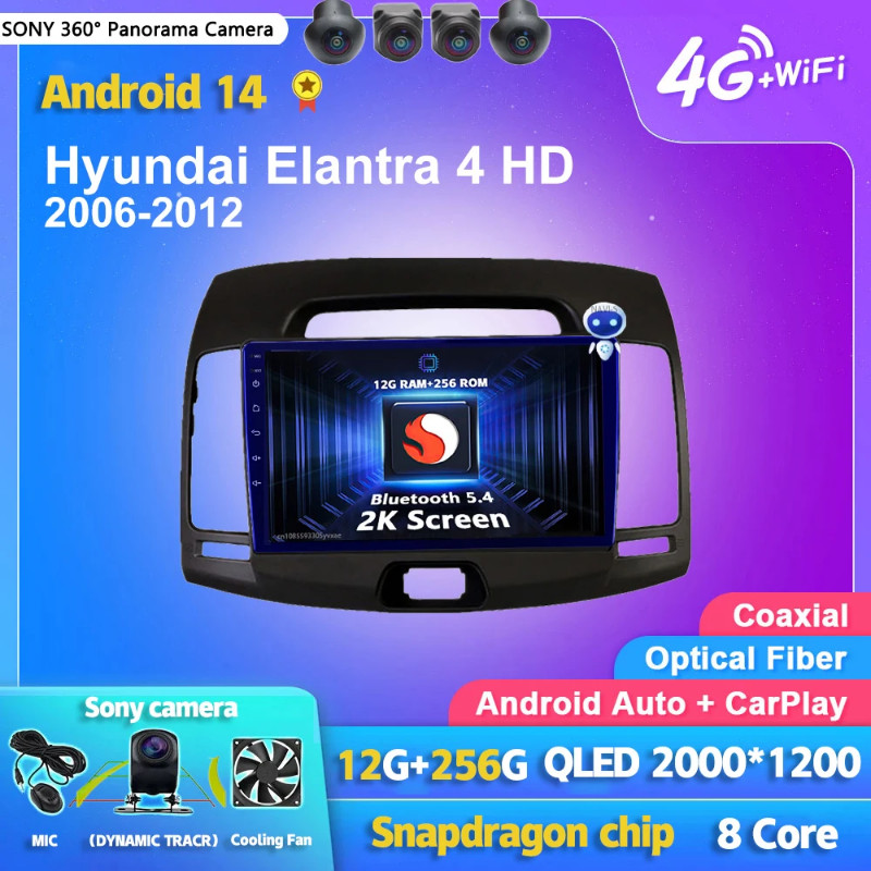 Android 14 Carplay Auto 2K Screen Car Radio Multimedia Player For Hyundai Elantra 4 HD 2006-2012 Au