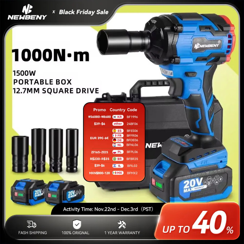 NEWBENY 1000N.m 1/2" Electric Wrench 3 Gears Cordless Efficient Electric Car Repair Impact Power To