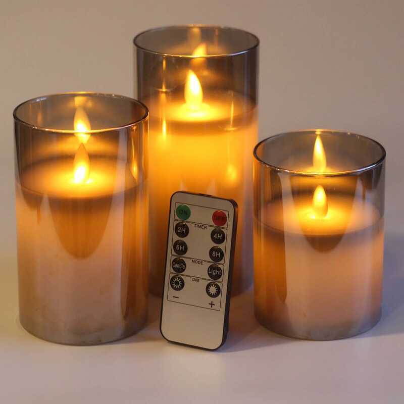 C Flameless Candles D 3" X H 4" 5" 6" Glass Real Wax Pillars & Moving Flame Wick LED Candles And 10