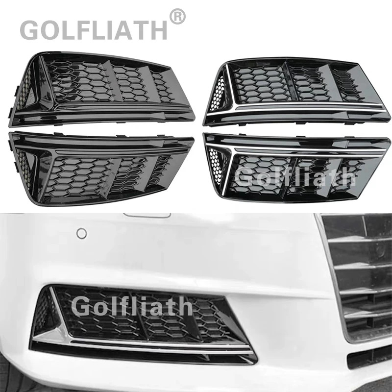 GOLFLIATH New A4 B9 upgrade to RS4 Style Honey comb fog light grill front bumper grille Glossy Blac