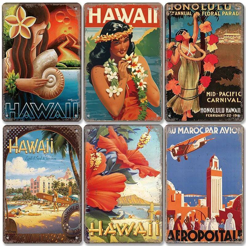โมร็อกโกฮาวายโปสเตอร์ Vintage ป้ายโลหะ Ocean Beach Surfing สาวแผ่นโลหะ Wall Decor สําหรับ Club ห้องน
