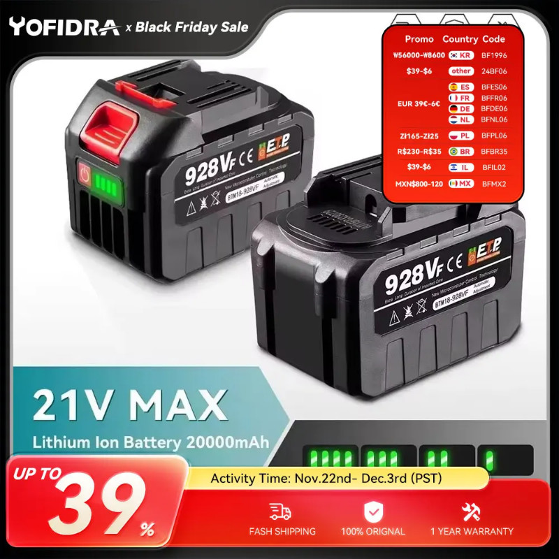 Yofidra 388VF Battery Rechargeable 22500mah 15000mah Lithium Ion Battery 928VF Li-ion Battery For M