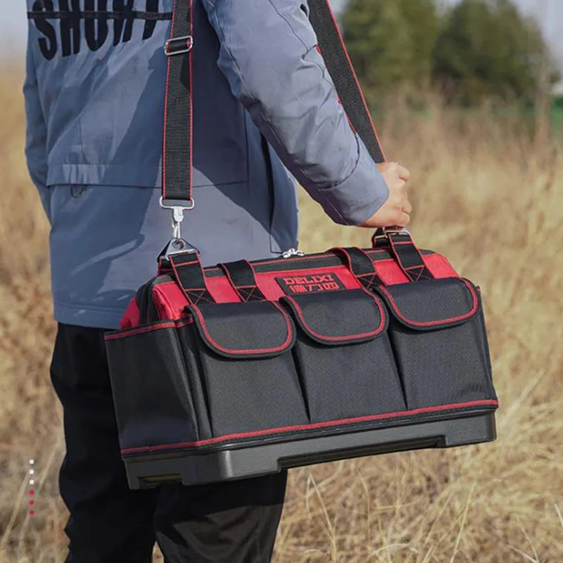 Large Capacity Camouflage Tool Bag with Plastic Bottom Shoulder Strap Multiple Pockets Tool Pounch