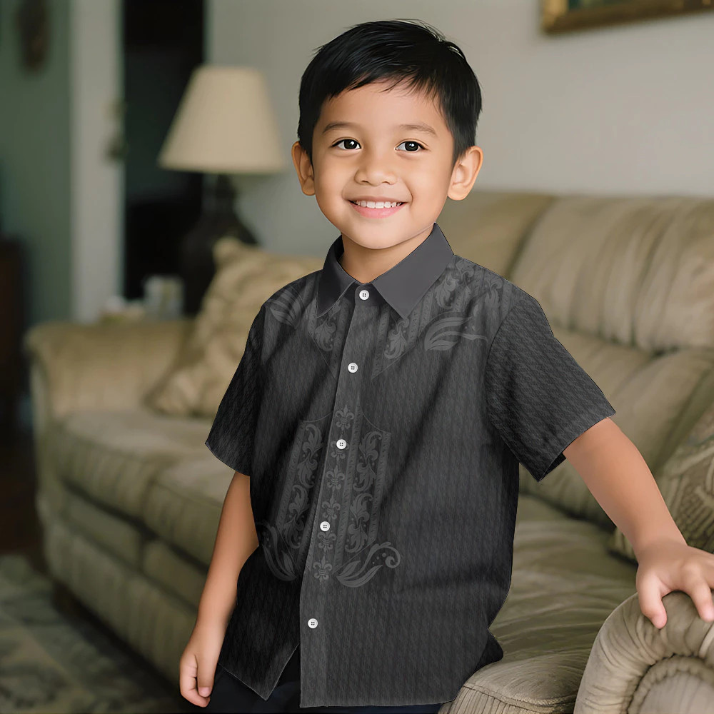 (JING01)2025 Buwan ng Wika Celebration Ombre สีขาวสีดําเด็ก Barong Tagalog แขนสั้นเด็กวัยหัดเดิน 3D 