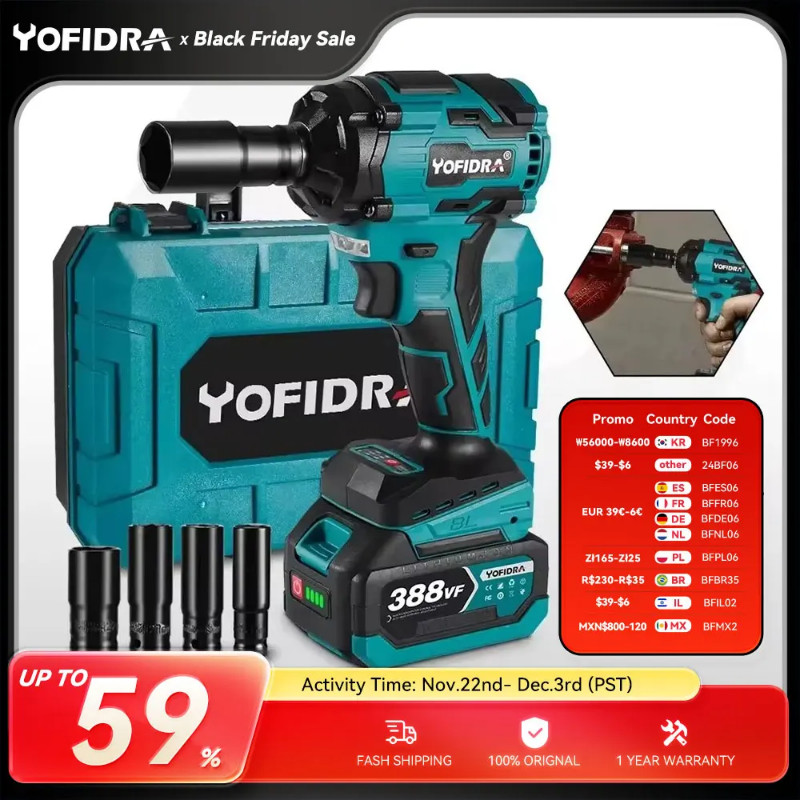 YOFIDRA 1000N.m Brushless Electric Impact Wrench 1/2" Cordless Rechargeable Socket Screwdriver Powe