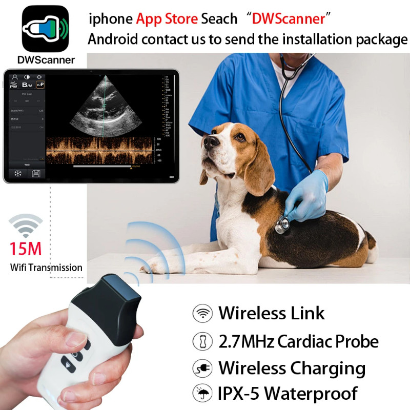 Wireless Cardiac Probe Color Doppler Ultrasound Veterinary Machine Portable 2.7MHz B-Ultra Scanner