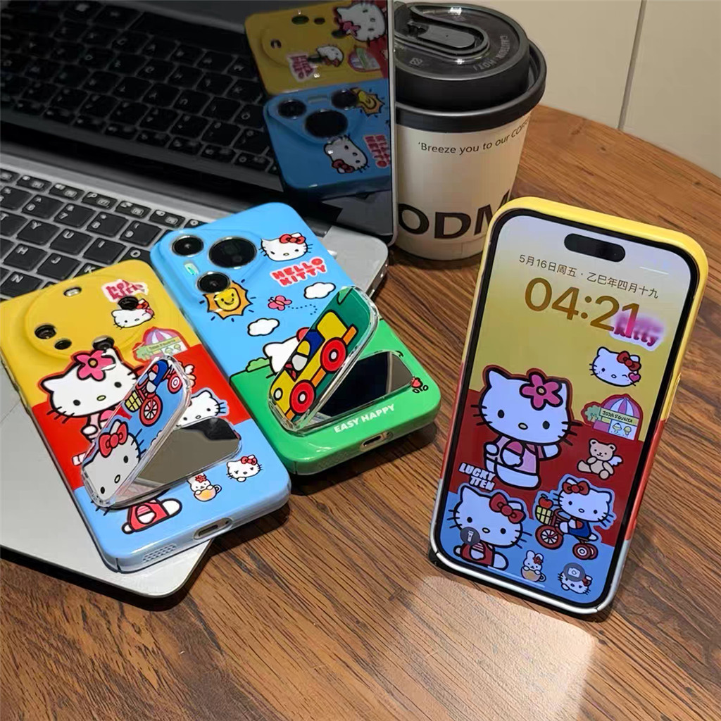 ดอกไม้สีแดงผีเสื้อ Hello Kitty เคสโทรศัพท์สําหรับ VIVO V50 V40 LITE V25 V20 PRO V60 V27 V23E V23 V15 พร้อมขายึดกระจกปลอก