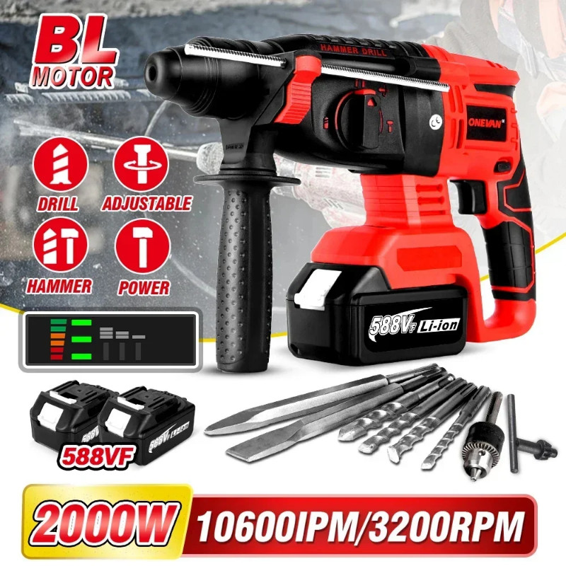Brushless Cordless Electric Hammer Drill 3200RPM Rotary Hammer 26mm Impact Drill With Accessories S