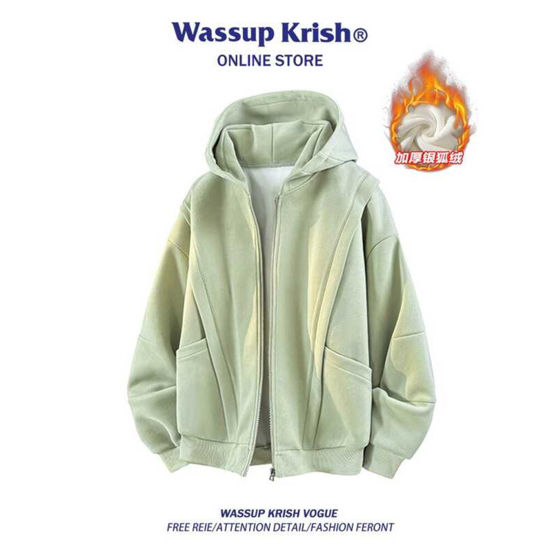 WASSUP KRISH Destruction เสื้อคาร์ดิแกนแบบมีฮู้ดสำหรับผู้ชาย ฤดูใบไม้ร่วงและฤดูหนาว ลายซับในขนแกะ ใส