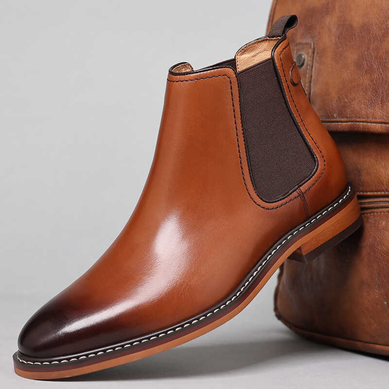 Chelsea Mens Boots Cowhide Shoes Mens รองเท้าหนังอย่างเป็นทางการ One-Pedal High-Top Martin Boots รอง