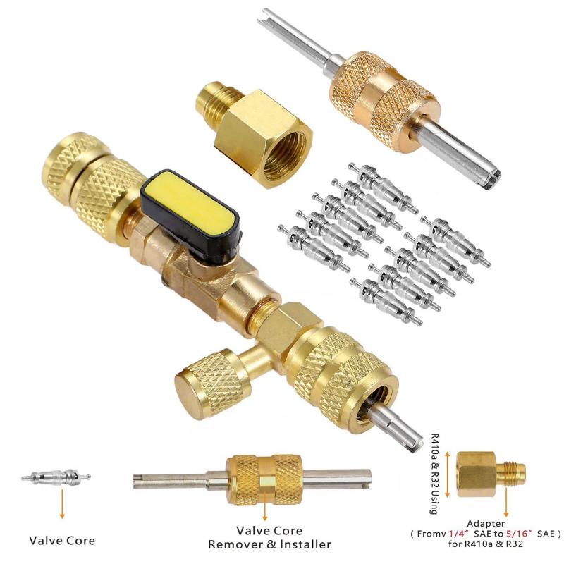 Valve Core Remover Installer Kit with Dual Size 1/4" & 5/16" Port, Schrader Valve Tool for R22 R410