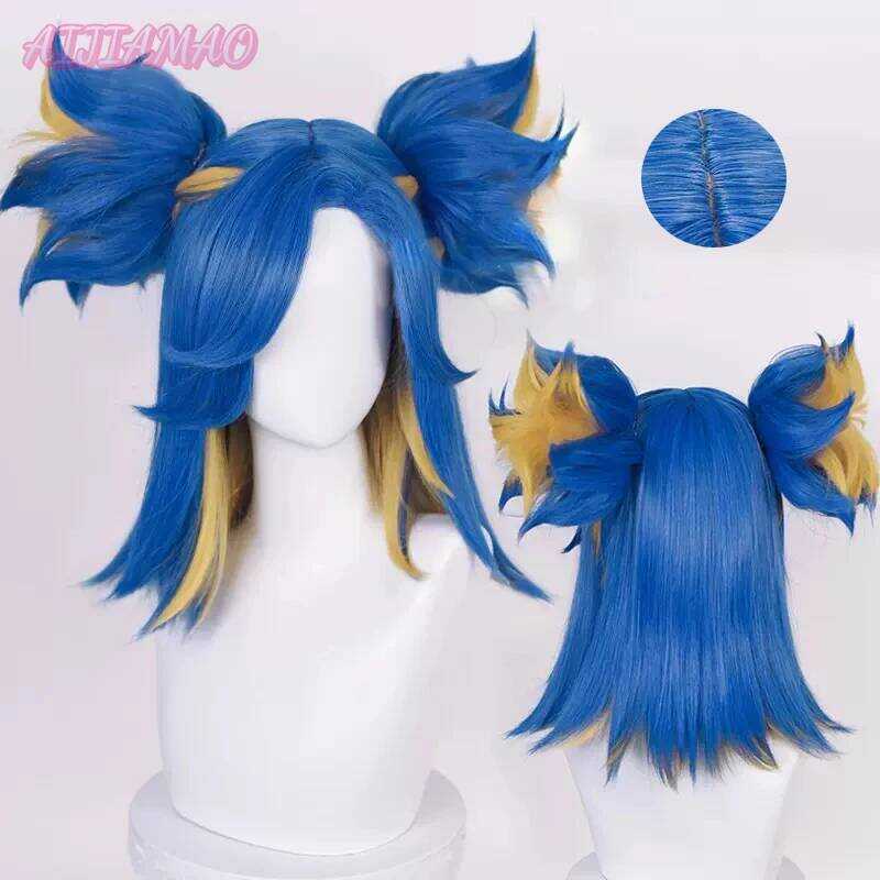 C Neon Cosplay Wig Game Valorant 40Cm Mixed Blue Heat Resistant Synthetic Hair Neon Wigs + Wig Cap