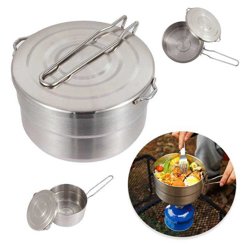 C Camping Pot, Portable Cooking Pot, Stainless Steel Camping Pot, For Outdoor, Camping, Hiking, Pic