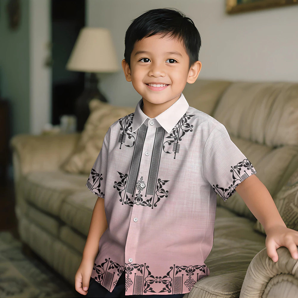 2025 Buwan ng Wika Celebration Ombre สีขาวสีดําเด็ก Barong Tagalog แขนสั้นเด็กวัยหัดเดิน 3D ระเหิด G