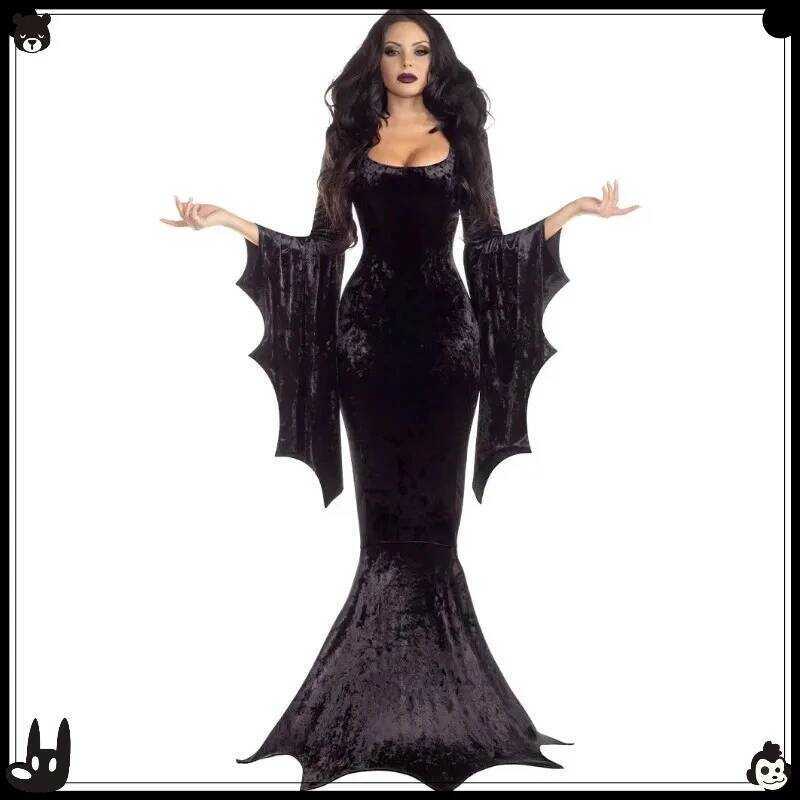 C Halloween Morticia Addams Outfit - Dark Gothic Long Train Dress, Adult Horror Bat Sleeve Gown, Sp