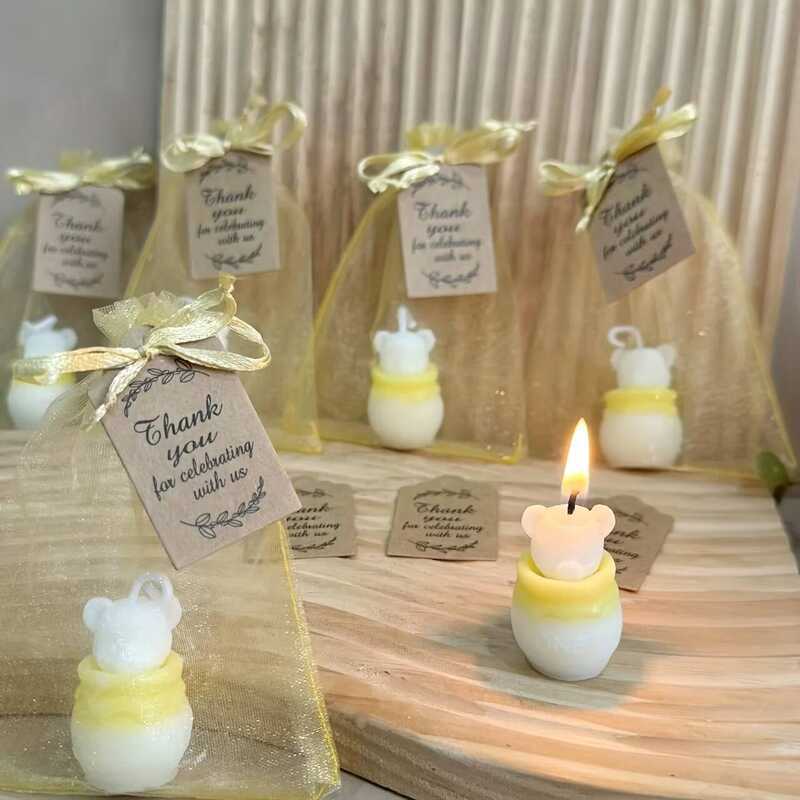 C 10Sets White Bear Candles, With Cards And Golden Organza S S, Bee Themed Party Decorations Center