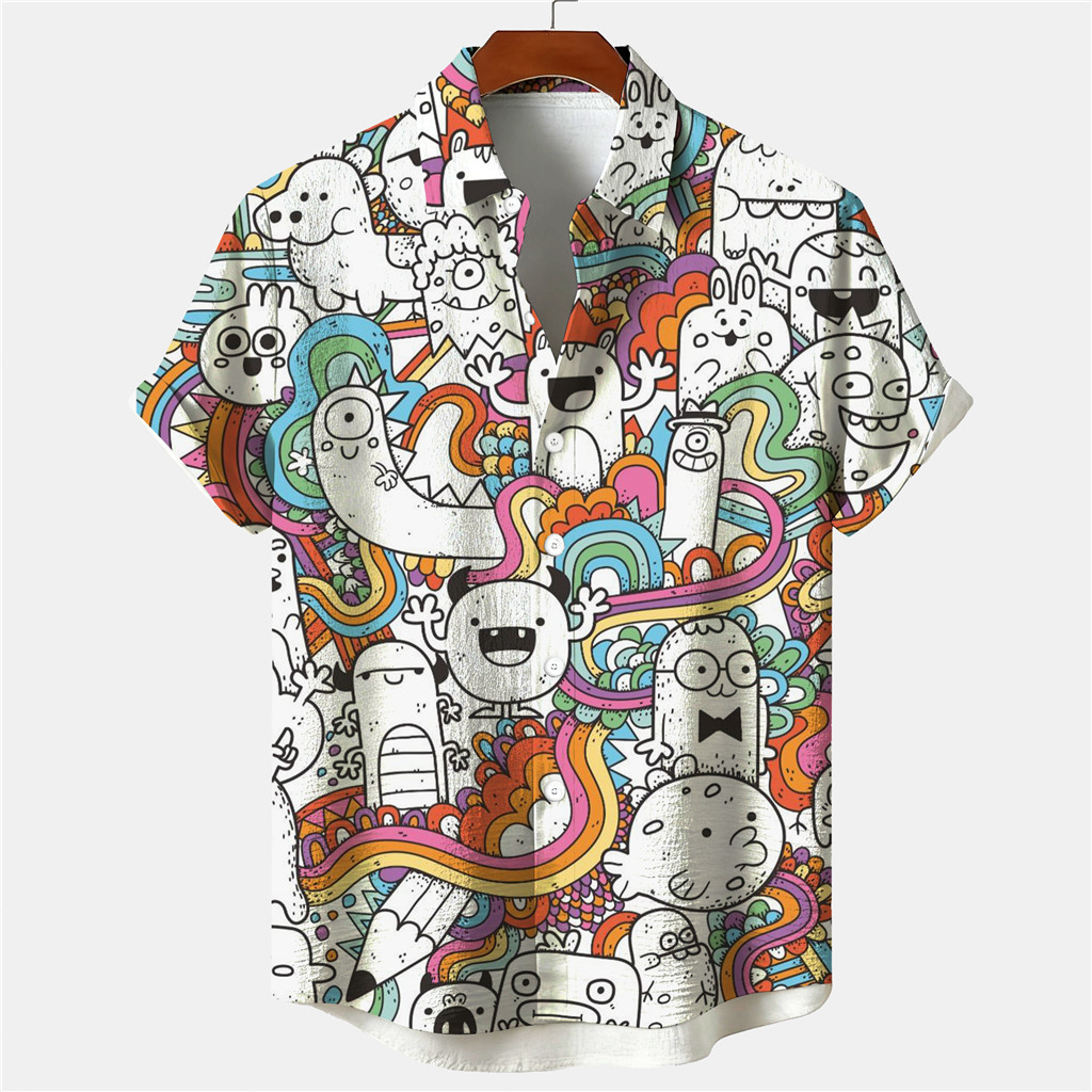 เสื้อฮาวายแมวดีไซน์กราฟฟิกการ์ตูนมีชีวิตชีวา สวมใส่ง่ายในหน้าร้อน