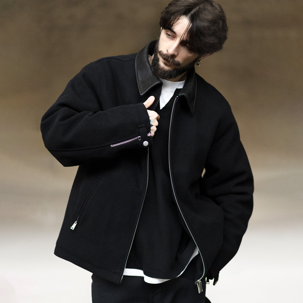 MRA เสื้อคลุมสั้นผ้าขนสัตว์แบบซิปคู่ คอหนังแกะ ผ้าสักหลาดเสริมขนสัตว์ แจ็กเก็ตเชิร์ตสำหรับผู้ชายฤดูห