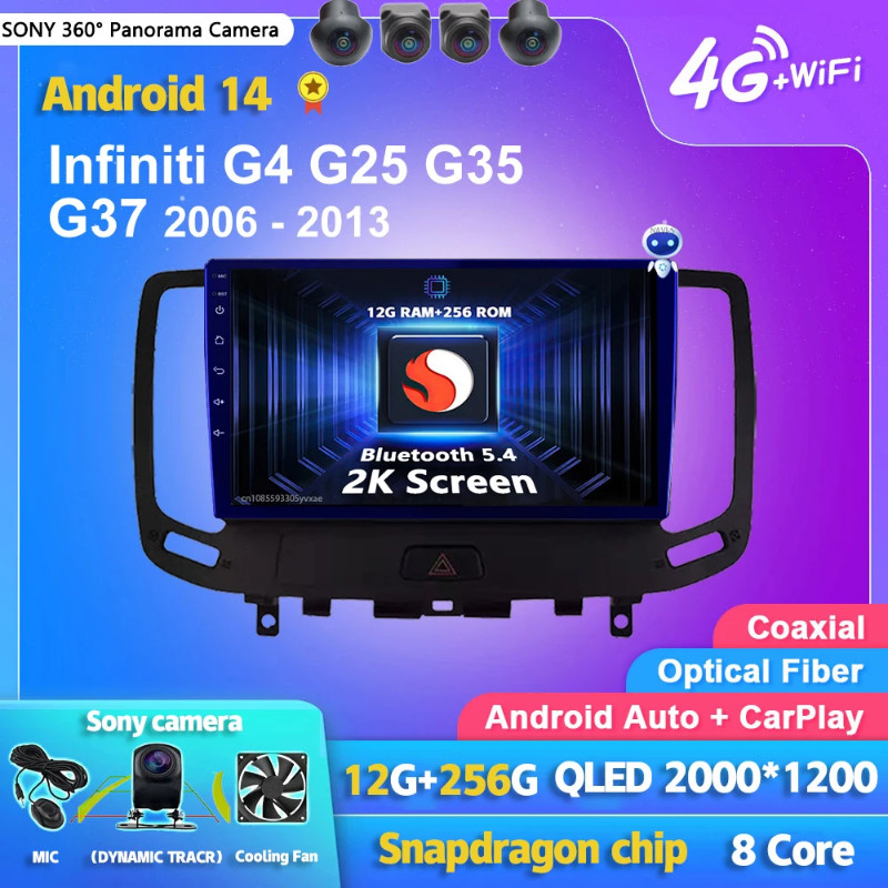 Android 14 Carplay Auto 2K Screen Car Radio BT Multimedia Player For Infiniti G4 G25 G35 G37 2006 -