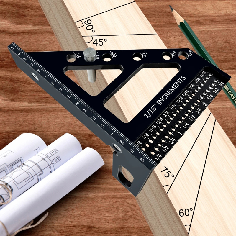 Premium Aluminum Miter Triangle Ruler - 3D Multi-Angle Woodworking Square Protractor - Enhanced Hol