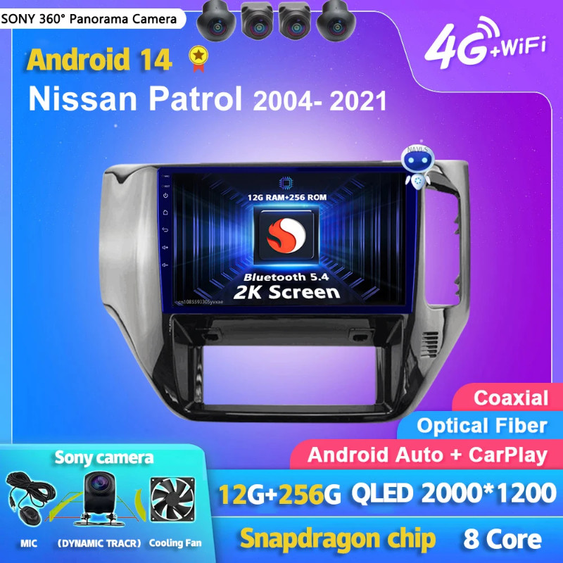 Android 14 Carplay Auto 2K Screen Car Radio Multimedia Player For Nissan Patrol 2004-2021 WIFI+4G D