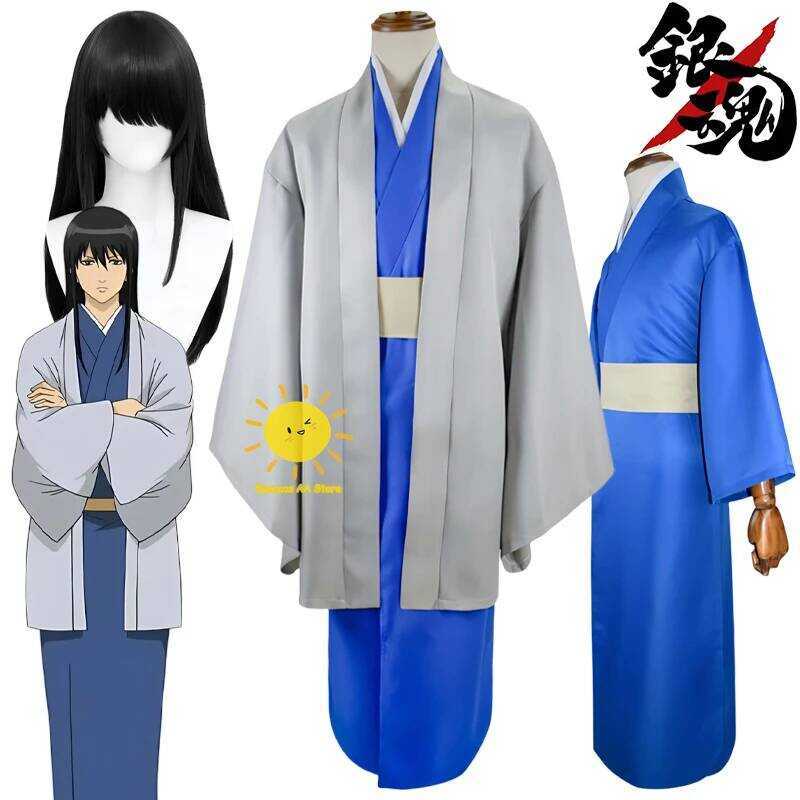 C Anime Katsura Kotarou Cosplay Costume Gintama Cosplay Blue Kimono Belt Wig Katsura Samurai Suit H