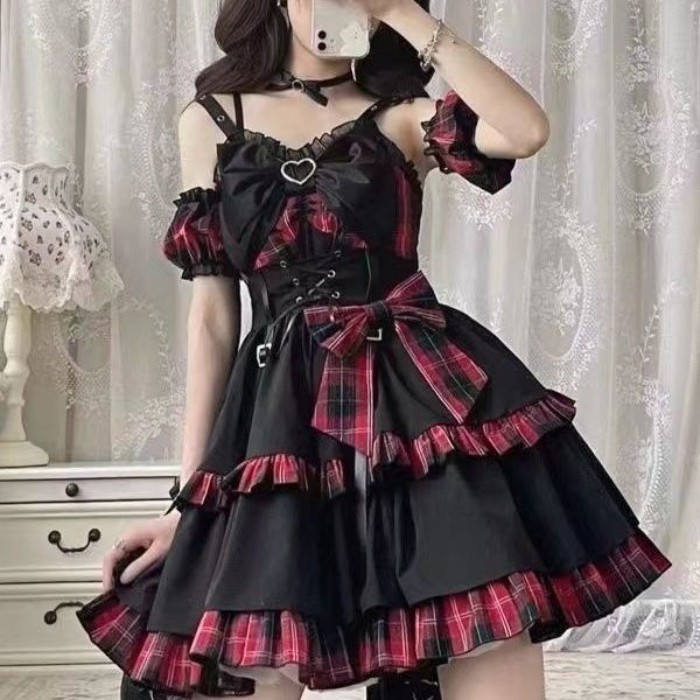 F Sling Rock lolita Dress lolita Dark Twin Black Red Black Blue Sling Dress Gothic