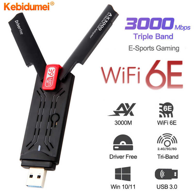 Kebidumei AX3000 USB 3.0 WiFi 6E อะแดปเตอร์ 3000Mbps เครือข่าย d Tri-Band 2.4G 5G 6G Wifi Receiver D