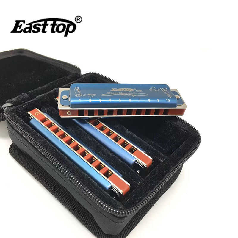 Easttop ชุด 3 ชิ้น 10 หลุม Diatonic Blues Harp Tone เปียโน 3-Key T008K ผู้ใหญ่และสีดํากรณี Professio