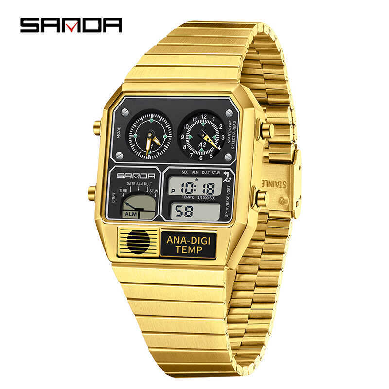 Sanda Retro อินเทรนด์ Punk Dual Display Luminous กันน้ําอิเล็กทรอนิกส์ควอตซ์นาฬิกาผู้ชาย SD3192-5