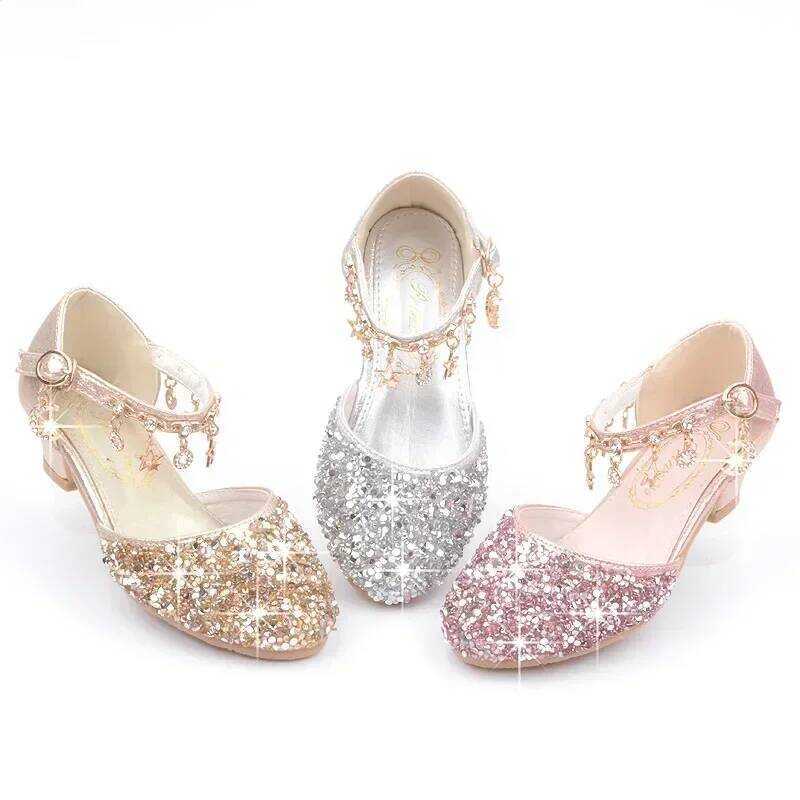 C Fashion Kid Leather Shoe 2023 Summer Sequin Princess Shoe Crystal High Heel Sandals Kid Shoes Gir