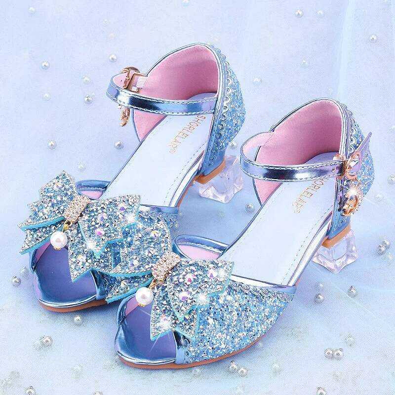 C Children Princess Sandals Kids Girls Wedding Shoes High Heels Dress Shoes Bowtie Purple Pink Blue