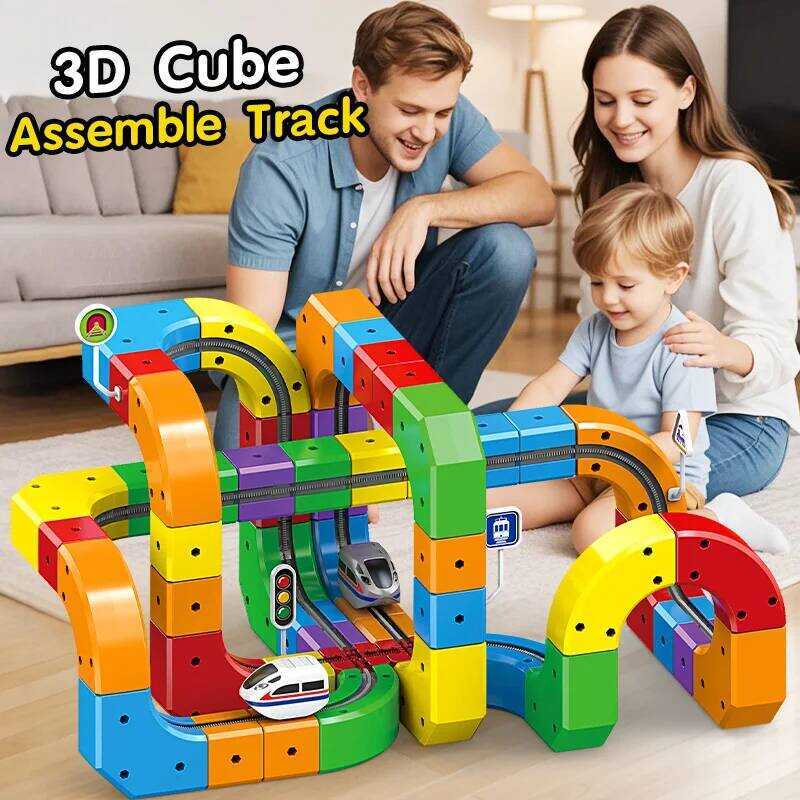 C Magic Rail Car Cube Toys For Kids DIY Assembly Magic Electronic Track Train Construction Children