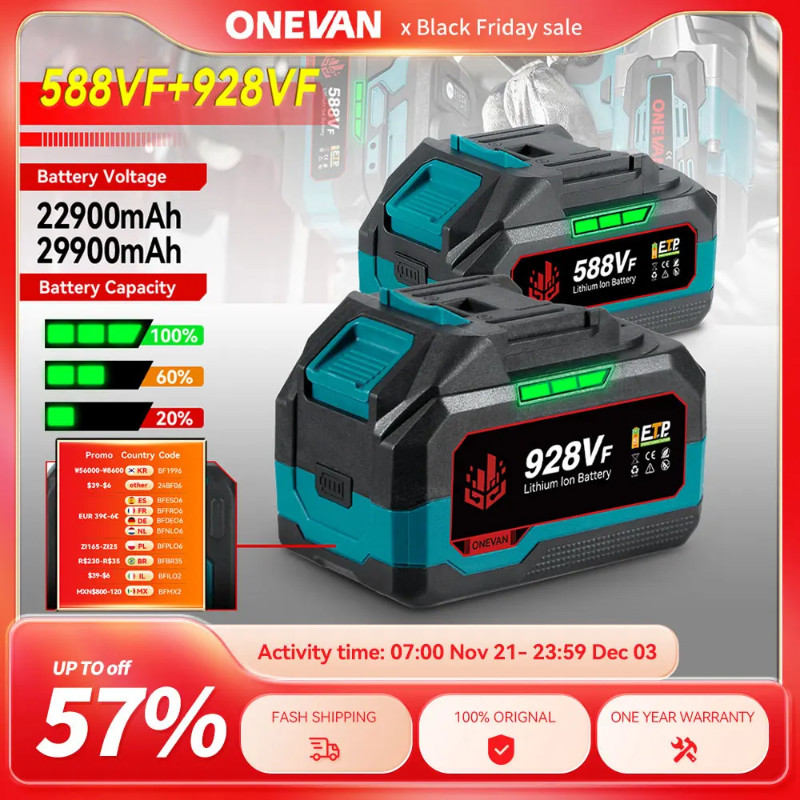 Lithium Battery 928VF 29900mAh Rechargeable 588VF 22900mAh Capacity Indicator Electric Wrench Power