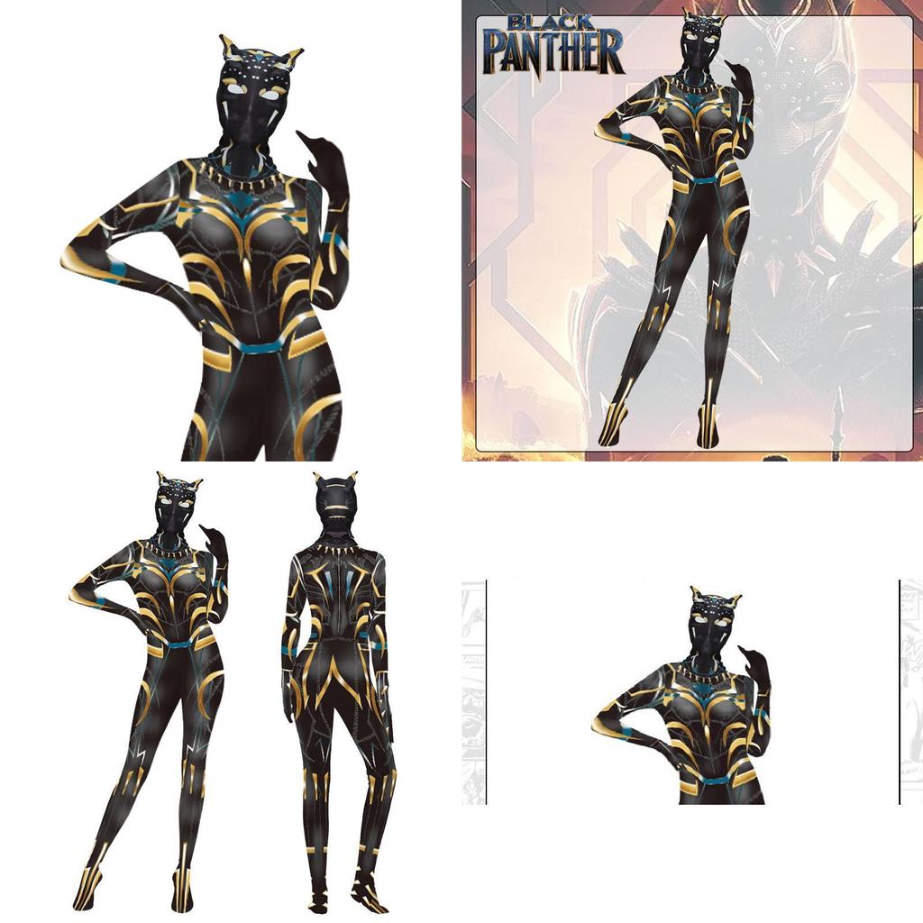 เฮดแกードและบอดี้สูทสตรี แบบ.Black Panther WakandaForever ตามแบบของ Letitia Wright คุณภาพพรีเมียมสีดำ