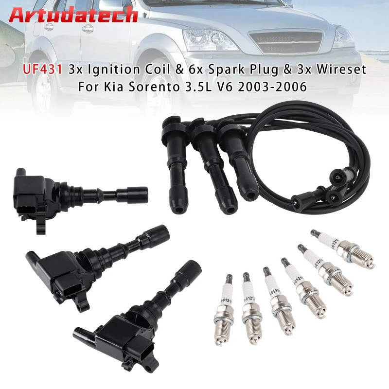 Artudatech UF431 3x Ignition Coil & 6x Spark Plug & 3x Wireset For Kia Sorento 3.5L V6