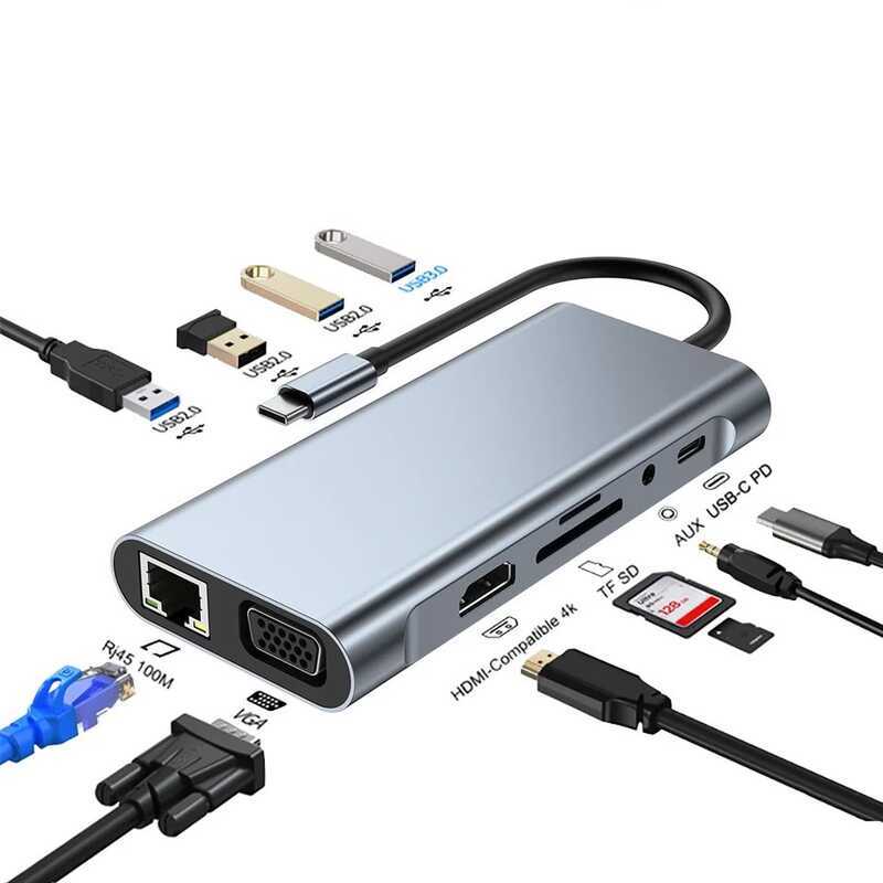 11in1 Type-C Docking Station to HDMI 4K VGA Expansion RJ45 USB3.0 PD ชาร์จ 3.5 มม.แจ็ค Dock Sd Tf d 