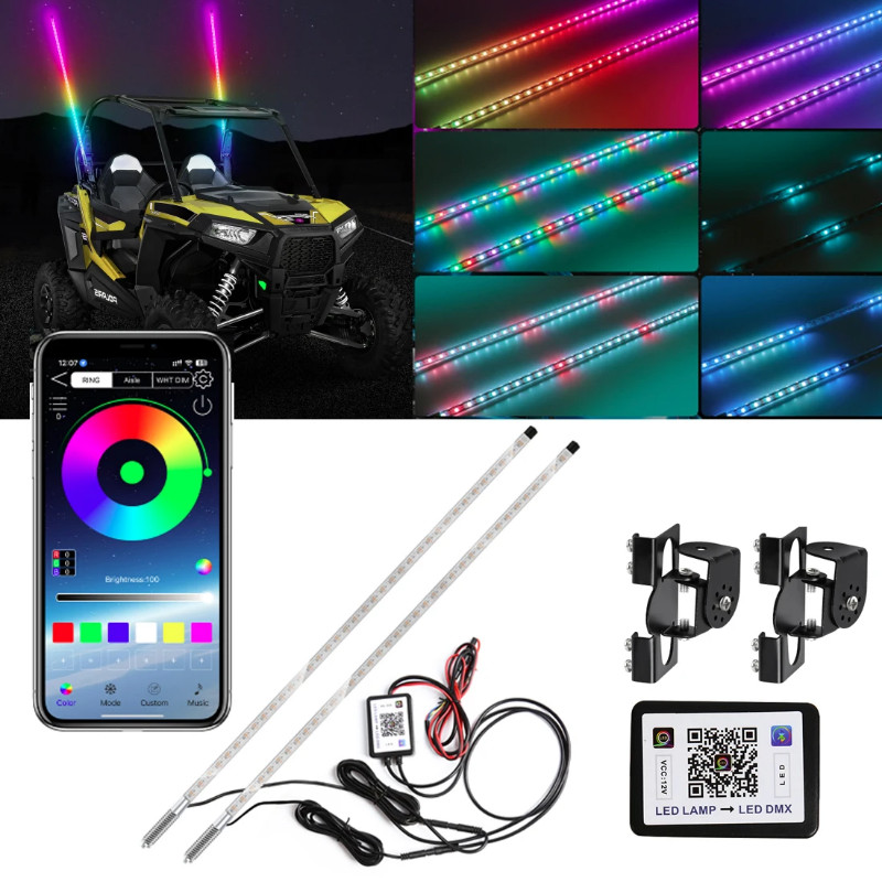 2.3FT APP Control RGB LED Whips Light Antenna Whips For Off- Road Vehicle ATV UTV RZR Jeep Trucks D