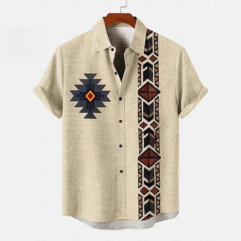 2025 Mocha Mousse ชาติพันธุ์ Retro แขนสั้น Asean เสื้อ 3D พิมพ์ผ้าลินิน Tribal ปกปุ่มแบบดั้งเดิมเสื้