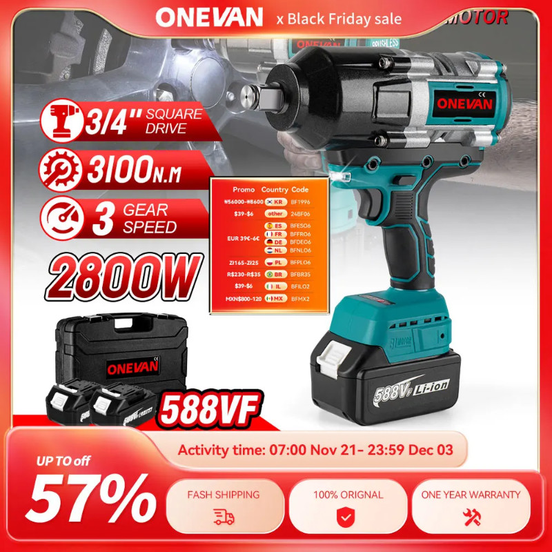 Brushless 3100N.M Electric Impact Wrench 3 Gears Cordless Electric Torque Wrench Screwdriver Power
