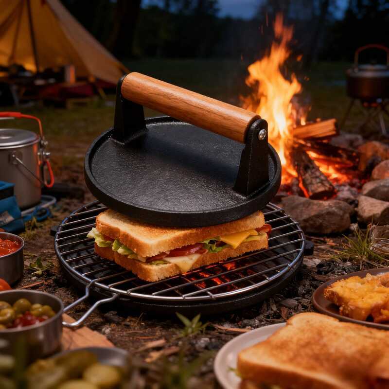 C Cast Iron Grill Press, Round & Rectangular Burger Smasher With Wooden Handle, Heavy-Duty Griddle