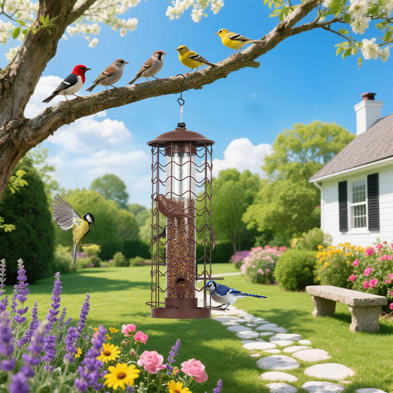 Anti-Squirrel Feeder แขวนกลางแจ้งตาข่ายโลหะ Bird Feeder Gravity Wild Bird Feeder