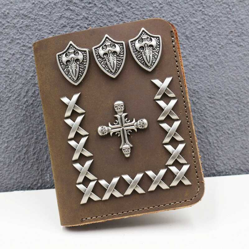 C 2.Men's Crazy Horse Rivet Wallet Leather Wallet, Genuine Leather Wallet, Card , Simple Retro Euro