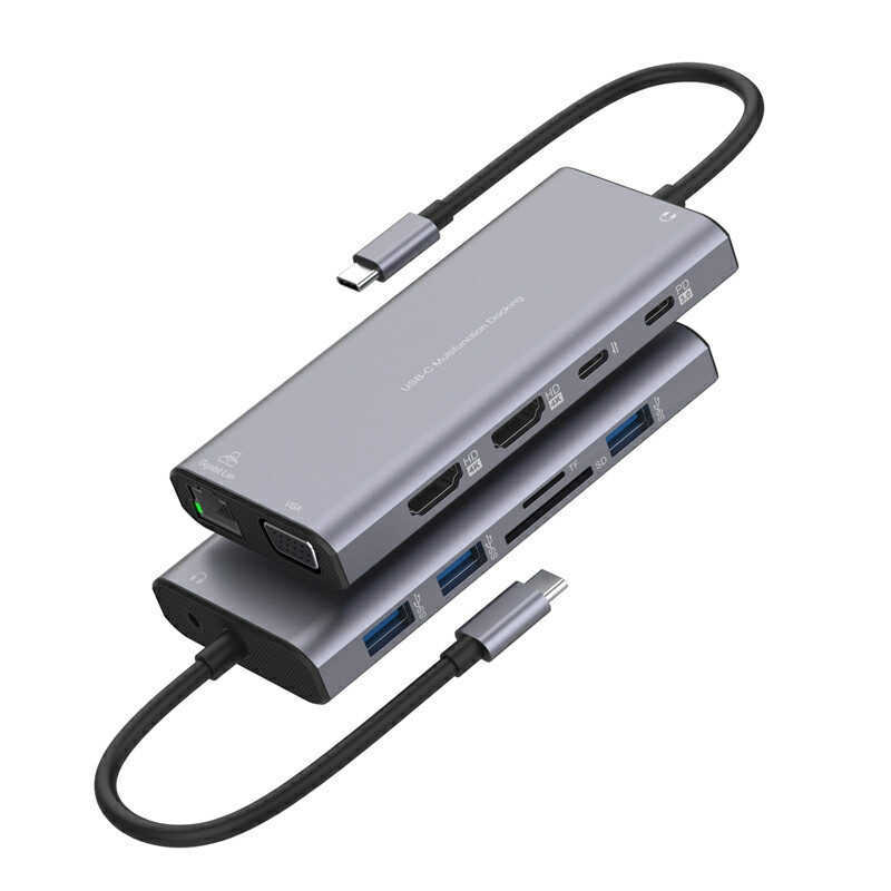 Type-C ถึง Dual HDMI VGA RJ45 PD Docking Station 12 ใน 1 Docking Station 3 พอร์ต 3.0 HUB Converter