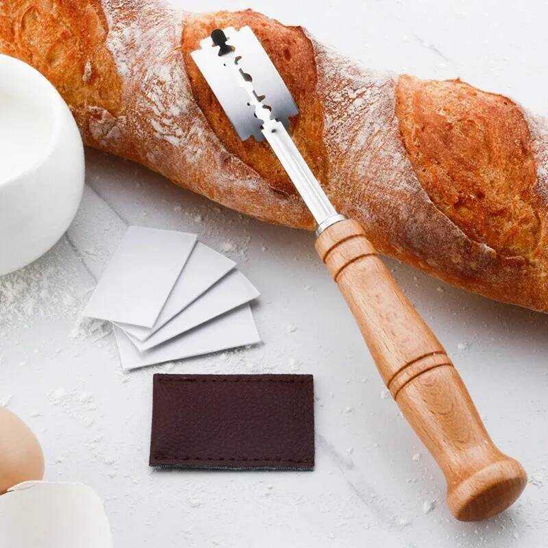 C Dough Bread Pastry Cutter With 5 Blades Toast Curved Uette Bread Knife Wooden Handle Bakers Bakin