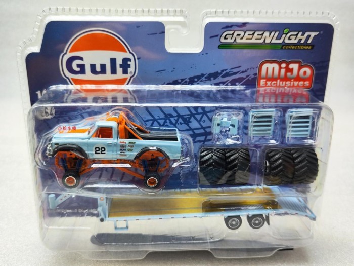 MiJo Green Light 1: 64 1972 Chevrolet K-10 รถบรรทุกมอนสเตอร์และรถพ่วงคอห่าน Gulf Gulf 51432 รุ่นรถรุ