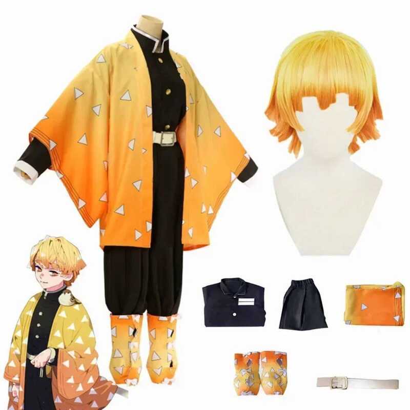 C Anime Agatsuma Zenitsu Cosplay Kostuum Kimono Halloween Kleding Party Uniform Pruik Vrouwen Kids