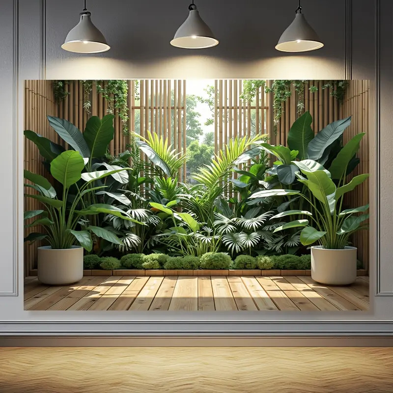 พรมติดผนังพืชเขตร้อนและรั้วไม้ไผ่, ดีไซน์เขียวอันสง่างามของ Monstera, ใบปาล์มและมอส, ตกแต่งโพลีเอสเตอร์หรูหรา, เหมาะสำหรับงานแต่งงาน, วันเกิด, วันครบรอบ, ตกแต่งบ้านและสวนในทุกฤดูกาลที่หลากหลาย, ตกแต่งป่า, 1 ชิ้น